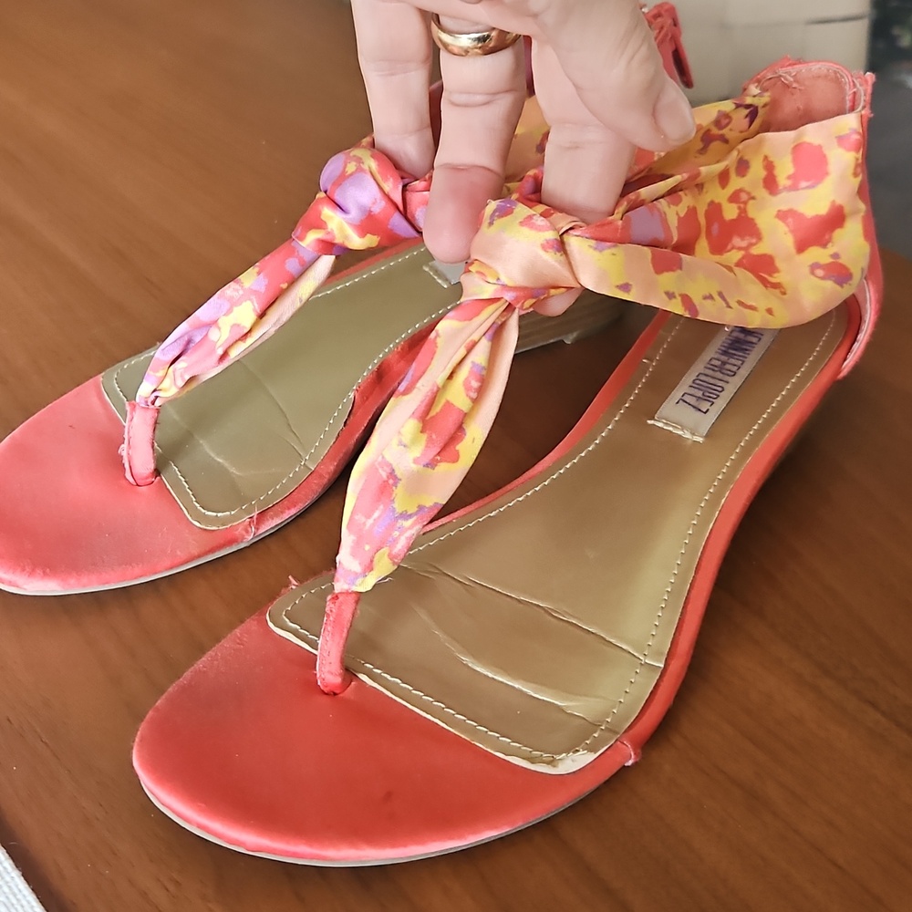 Jennifer Lopez Red Floral Scarf Tie Sandals